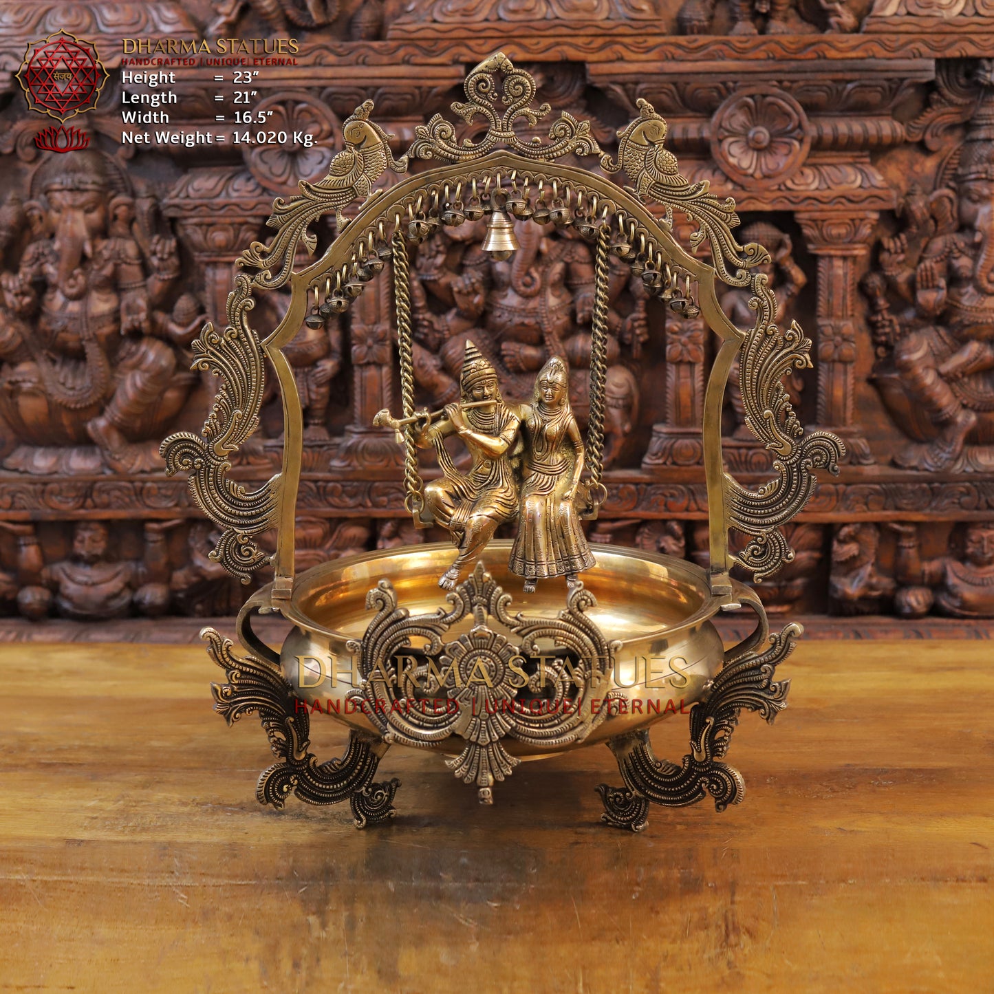 Brass Radhe Krishna Statue with Peacock Urli, Fine Gold Finish, 23"