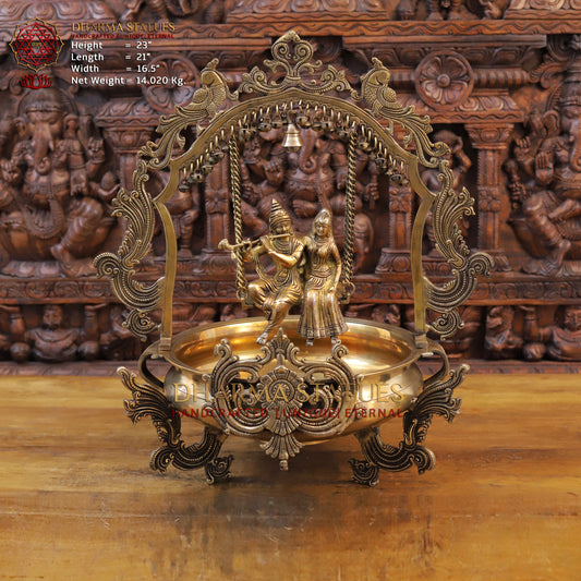 Brass Radhe Krishna Statue with Peacock Urli, Fine Gold Finish, 23"