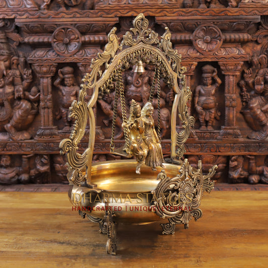 Brass Radhe Krishna Statue with Peacock Urli, Fine Gold Finish, 23"