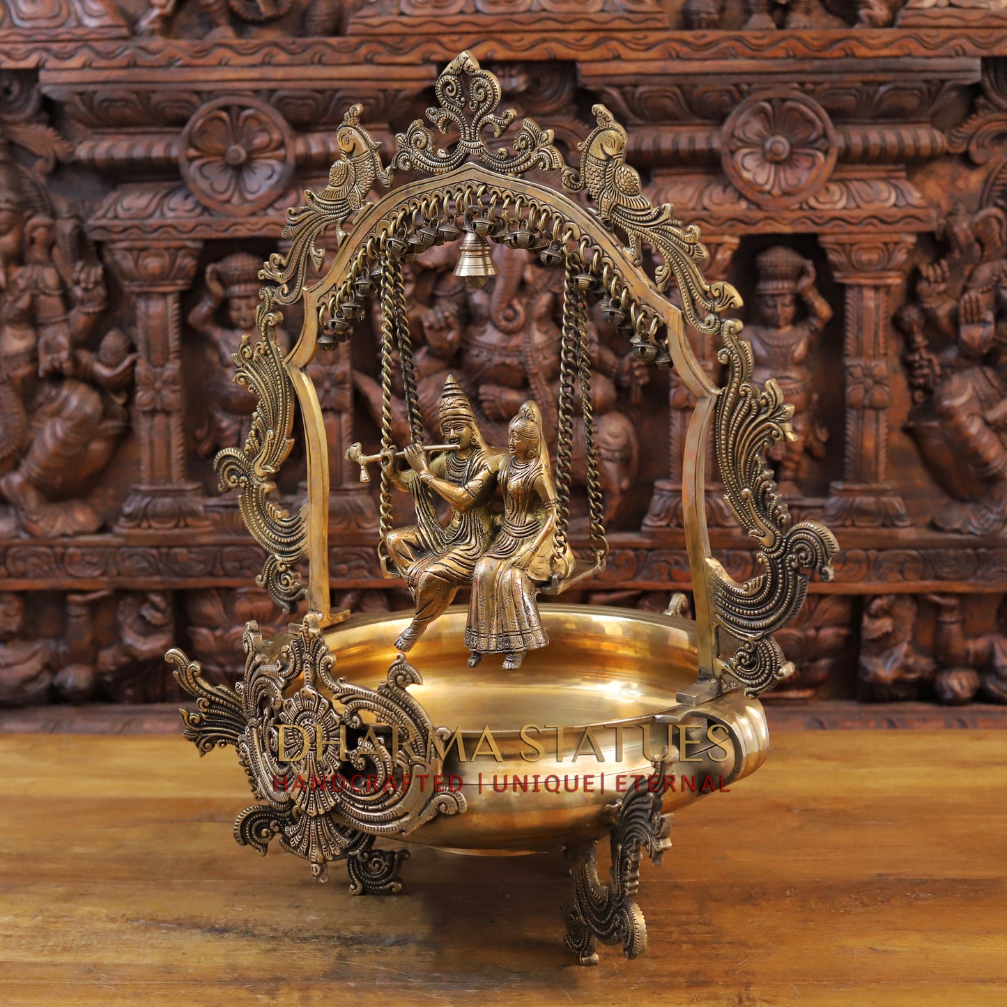 Brass Radhe Krishna Statue with Peacock Urli, Fine Gold Finish, 23"