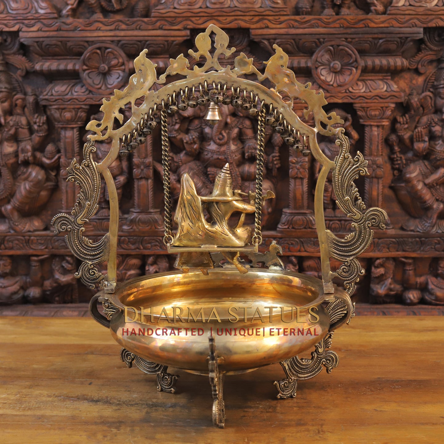 Brass Radhe Krishna Statue with Peacock Urli, Fine Gold Finish, 23"