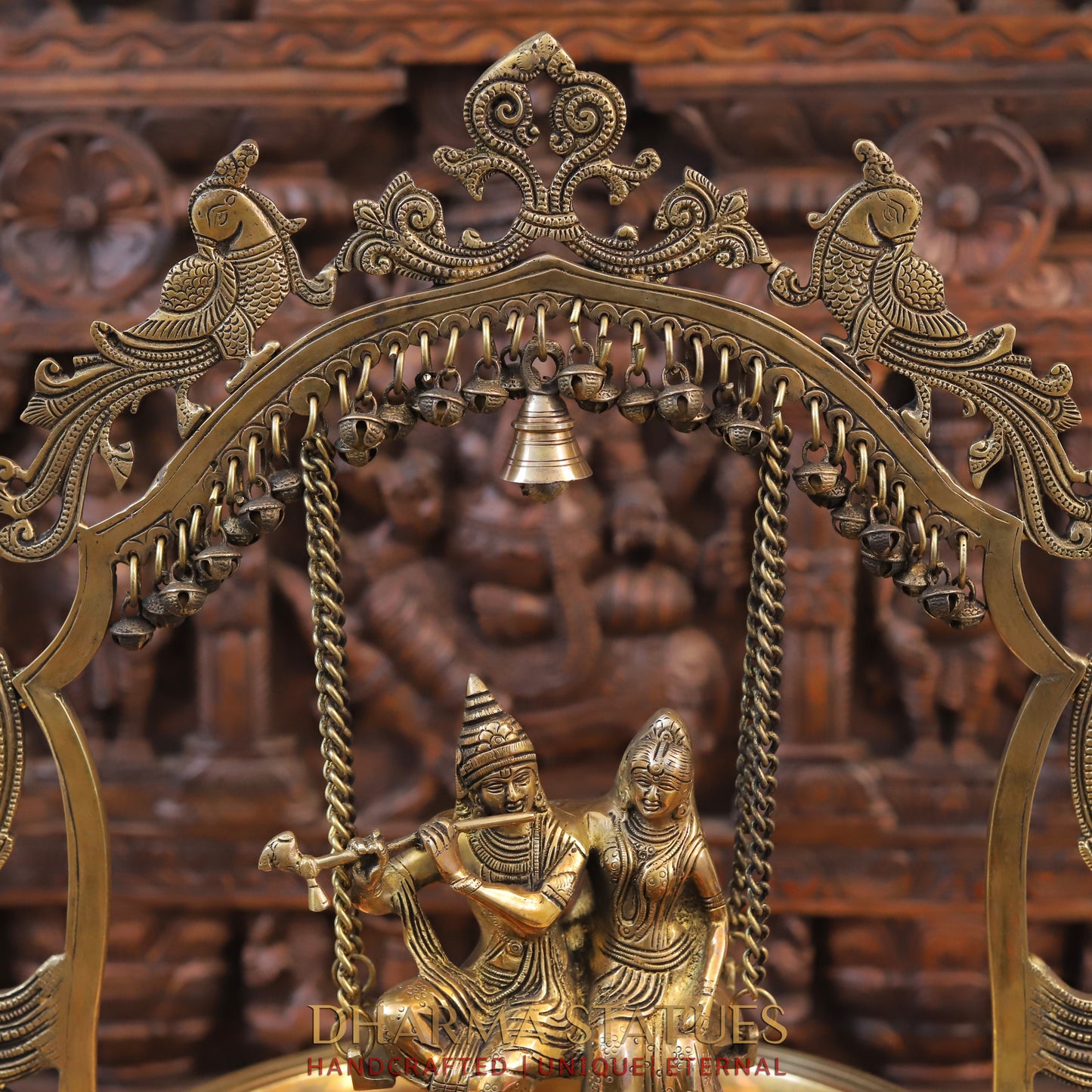 Brass Radhe Krishna Statue with Peacock Urli, Fine Gold Finish, 23"