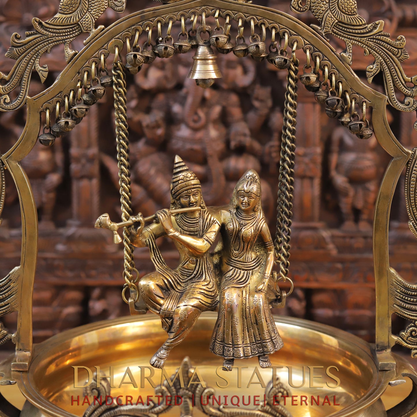 Brass Radhe Krishna Statue with Peacock Urli, Fine Gold Finish, 23"