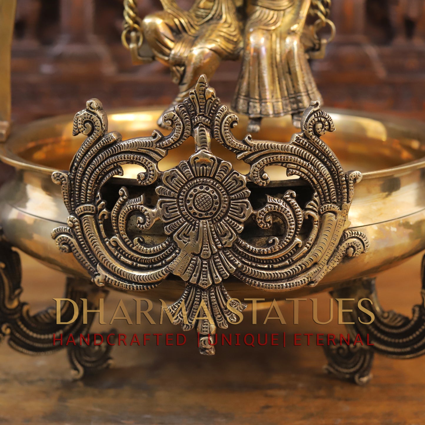 Brass Radhe Krishna Statue with Peacock Urli, Fine Gold Finish, 23"