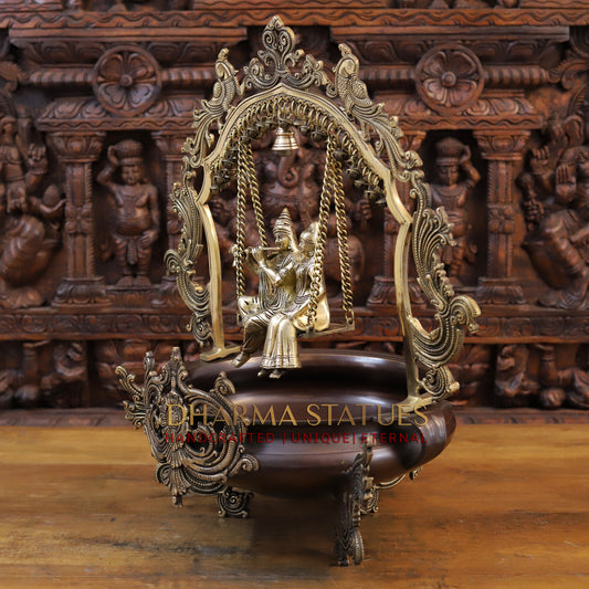 Brass Radhe Krishna Statue with Peacock Urli, Copper & Gold Finish, 23"