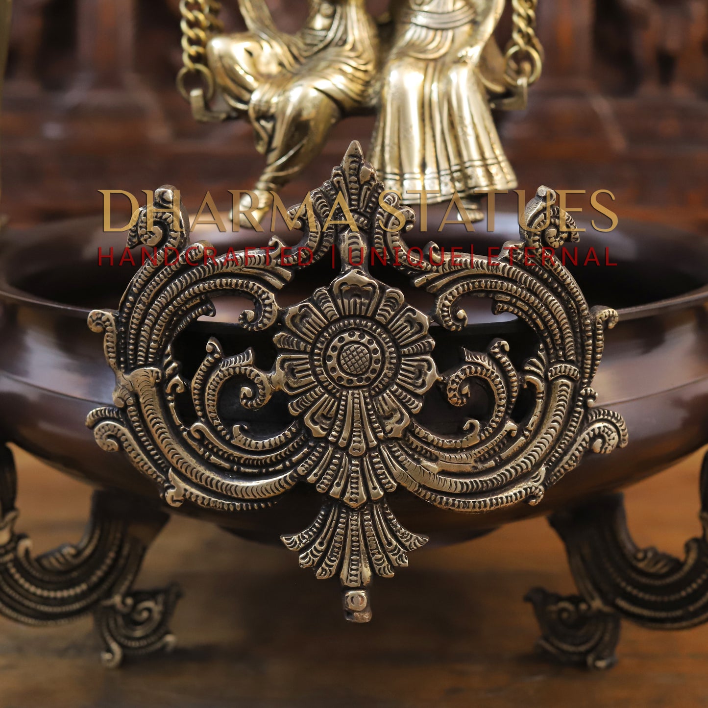 Brass Radhe Krishna Statue with Peacock Urli, Copper & Gold Finish, 23"