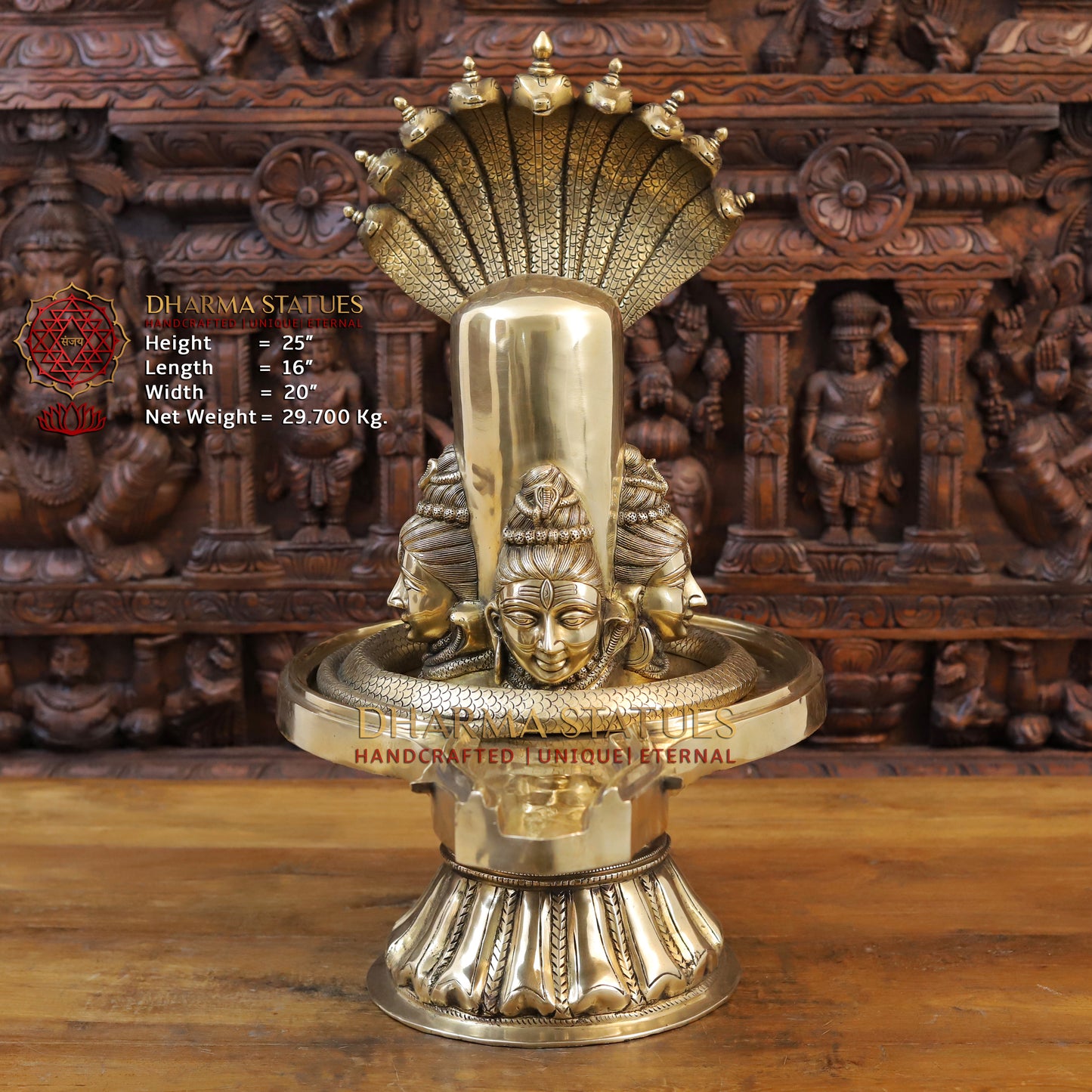 Brass Shivling With Shiva Head Engraved and Vasuki Snake, Golden Finish, 25"