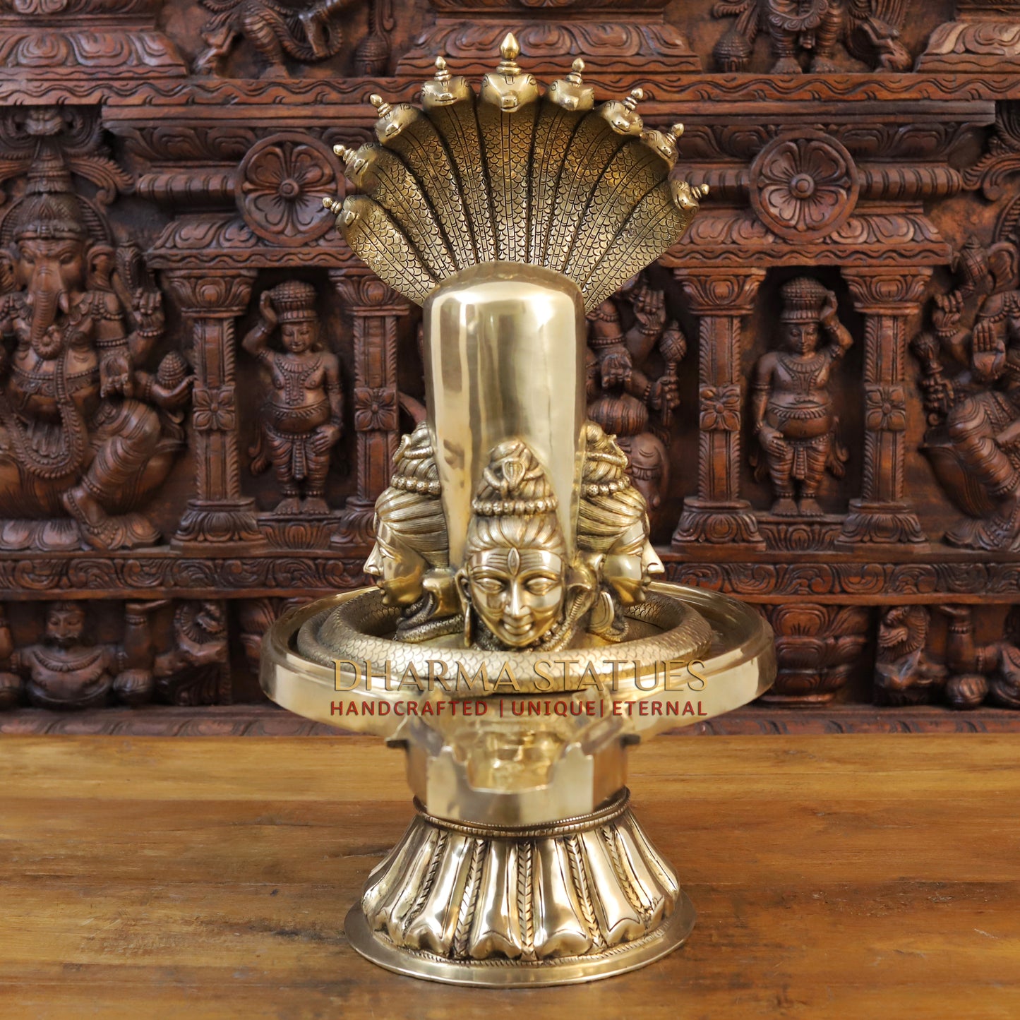 Brass Shivling With Shiva Head Engraved and Vasuki Snake, Golden Finish, 25"