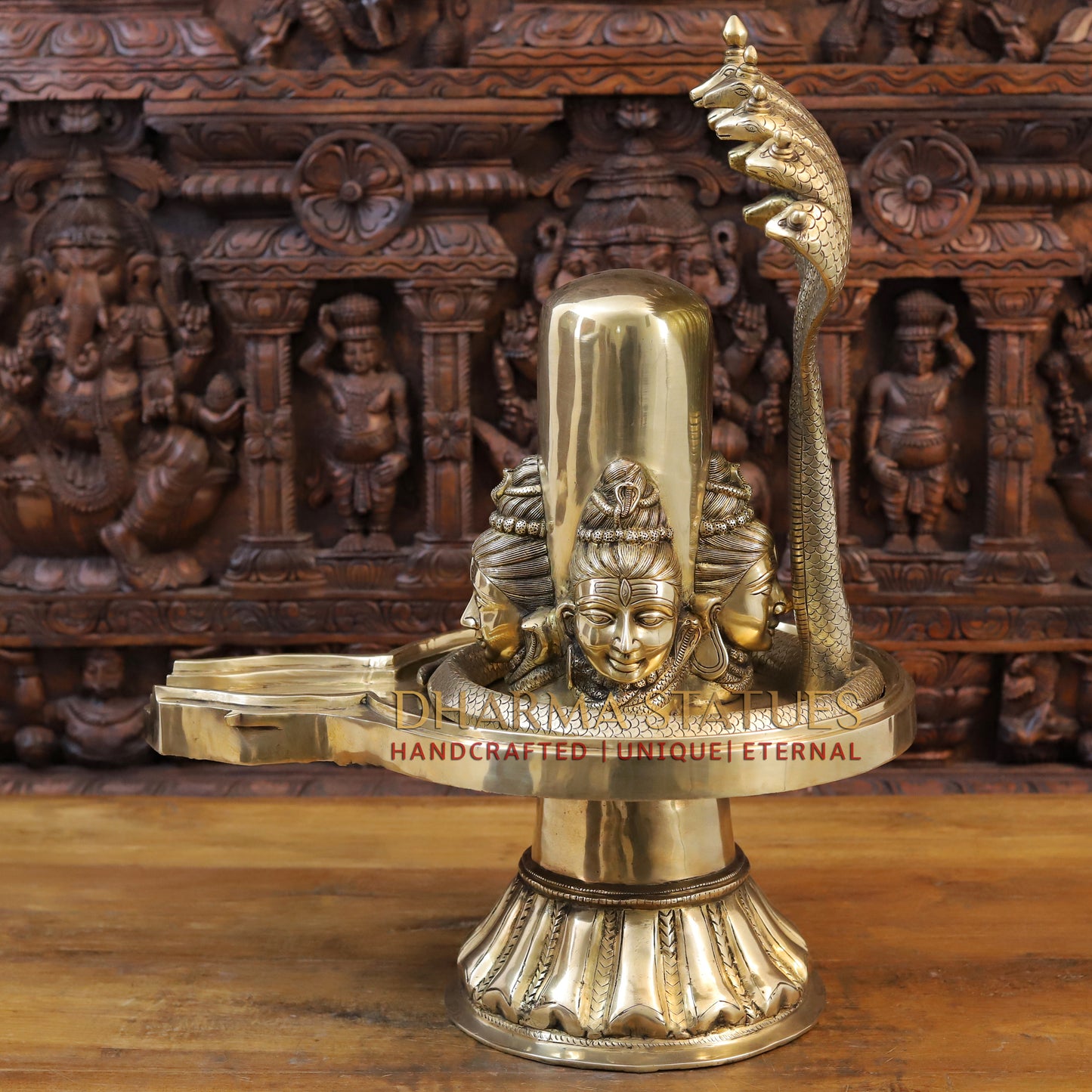 Brass Shivling With Shiva Head Engraved and Vasuki Snake, Golden Finish, 25"