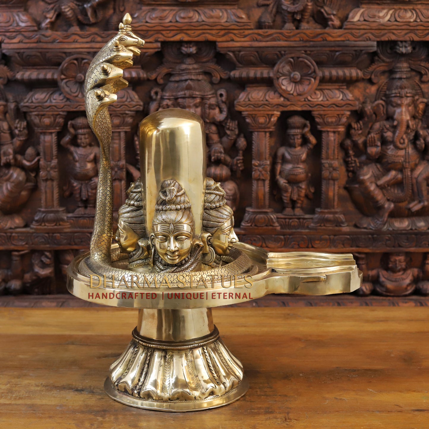 Brass Shivling With Shiva Head Engraved and Vasuki Snake, Golden Finish, 25"