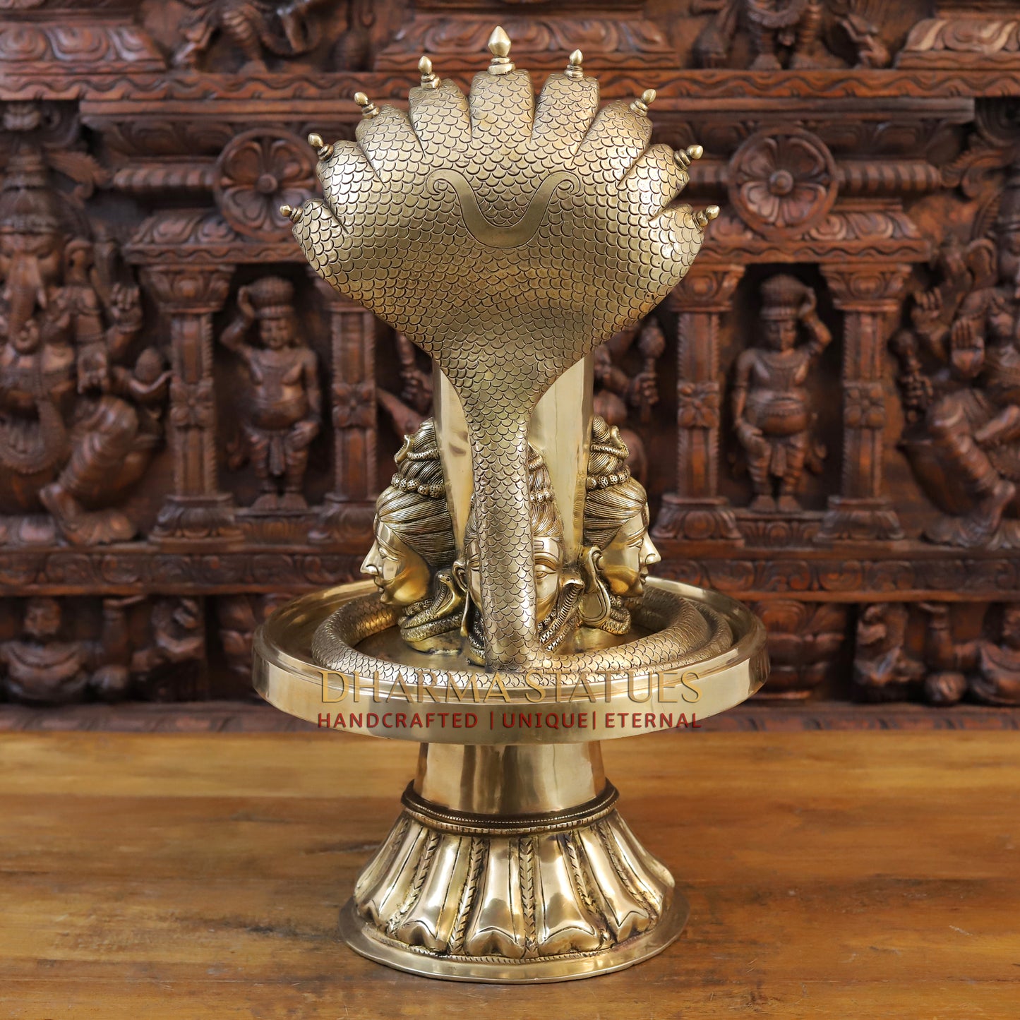 Brass Shivling With Shiva Head Engraved and Vasuki Snake, Golden Finish, 25"