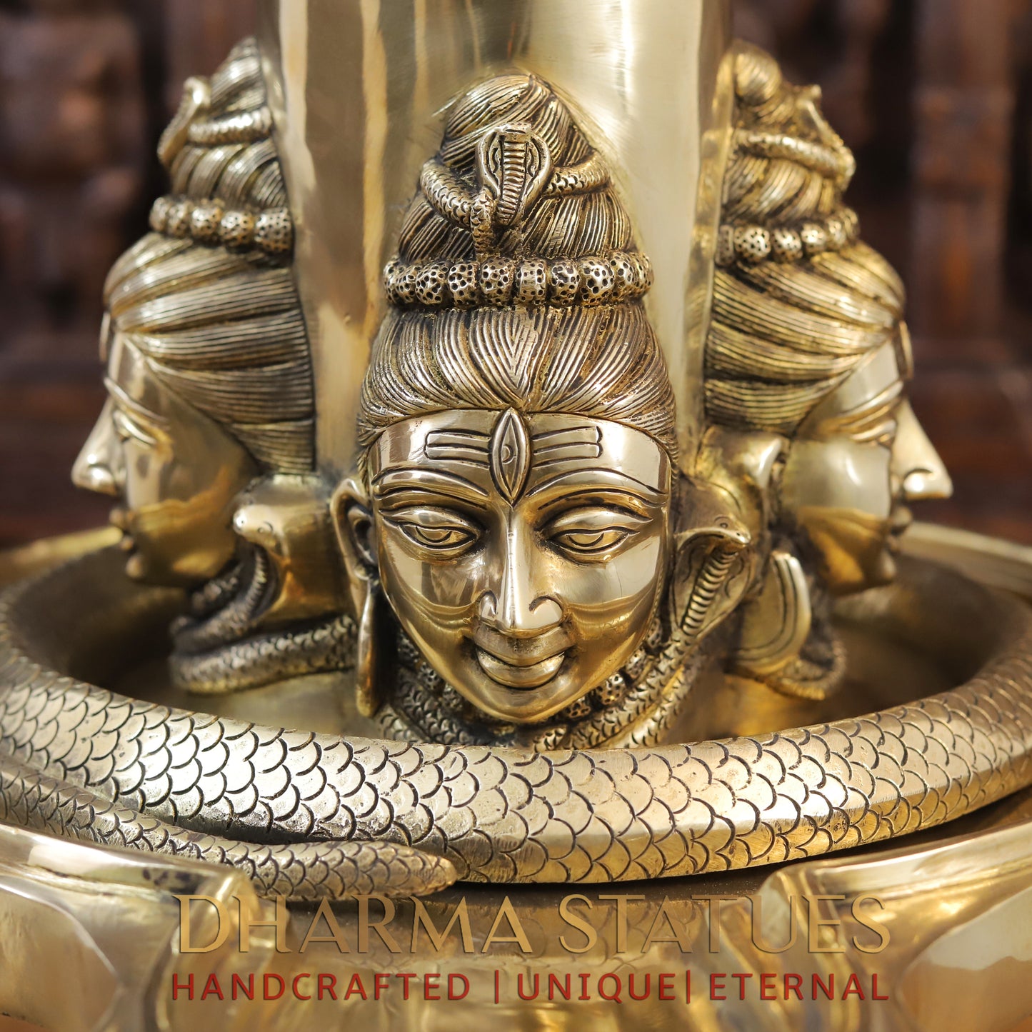 Brass Shivling With Shiva Head Engraved and Vasuki Snake, Golden Finish, 25"