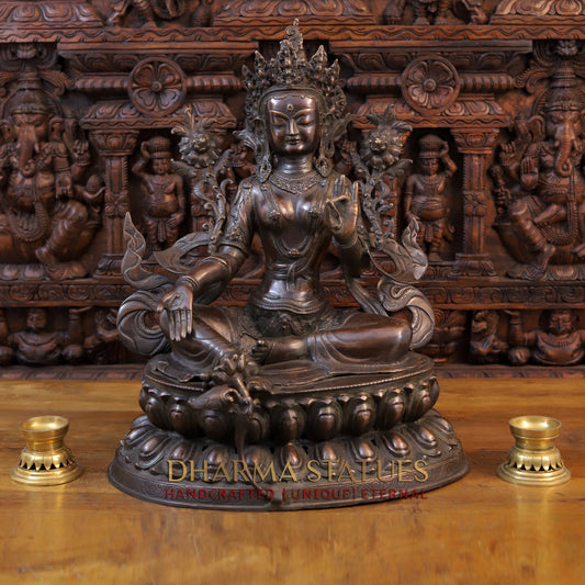Brass Tara Devi Statue, Seated on a Lotus, Brown Finish 24"