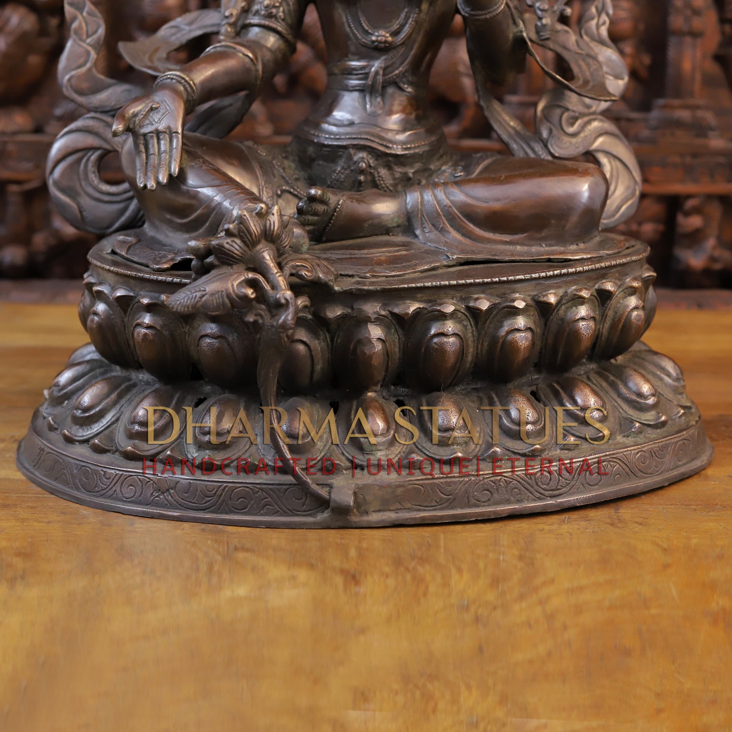 Brass Tara Devi Statue, Seated on a Lotus, Brown Finish 24"