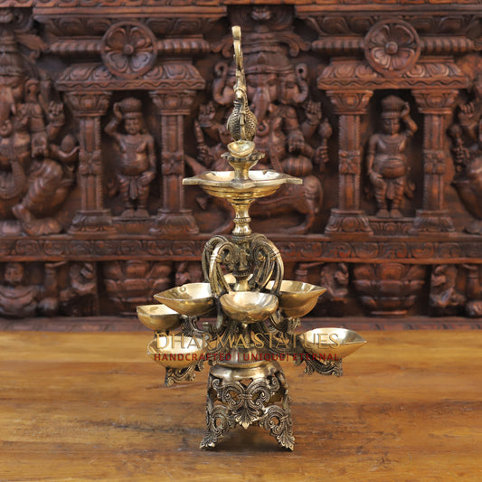 Brass Oil Lamp with Peacock, Fine Golden Finish, 22"