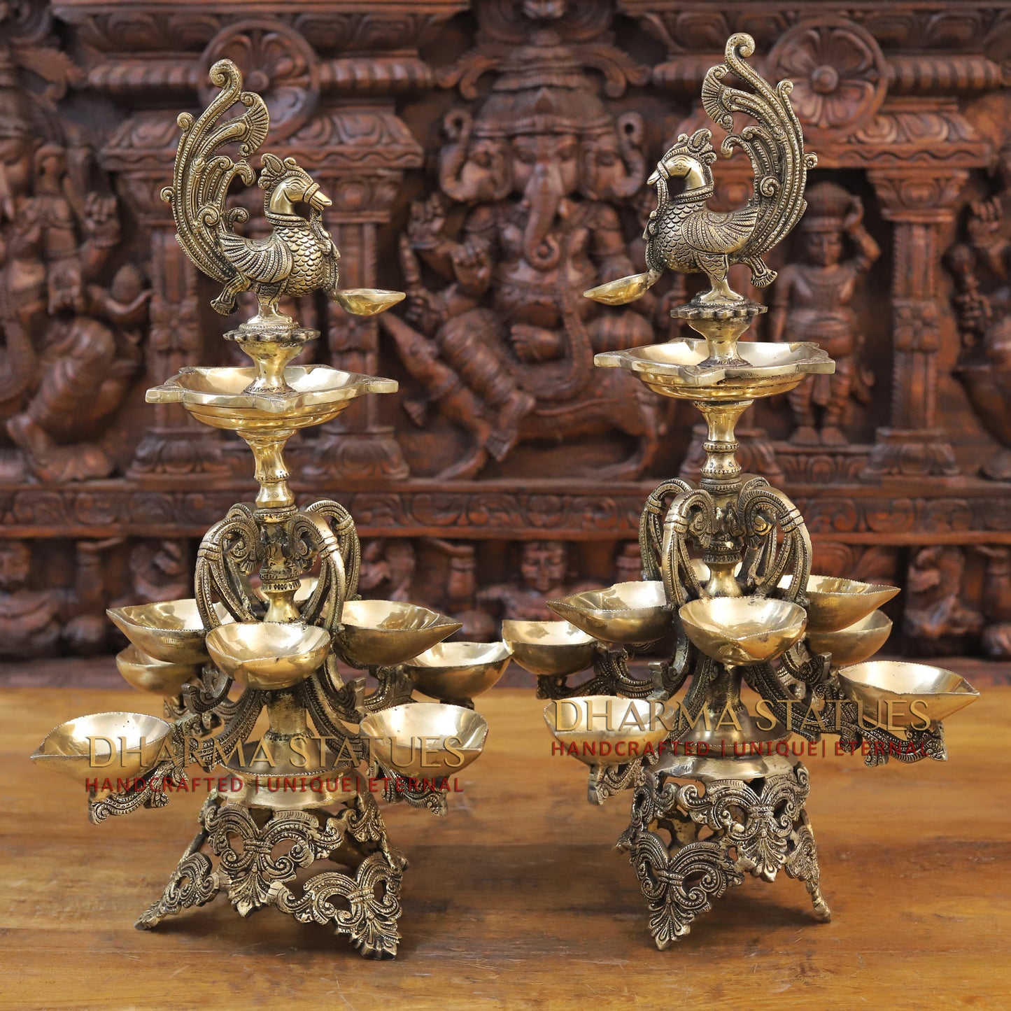 Brass Oil Lamp with Peacock, Fine Golden Finish, 22"