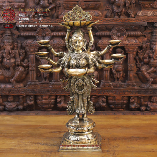 Brass Lakshmi Statue Holding Diya , Fine Gold Finish, 27"