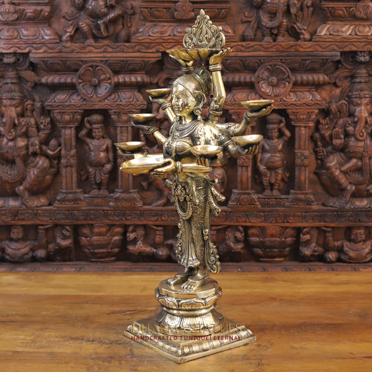 Brass Lakshmi Statue Holding Diya , Fine Gold Finish, 27"