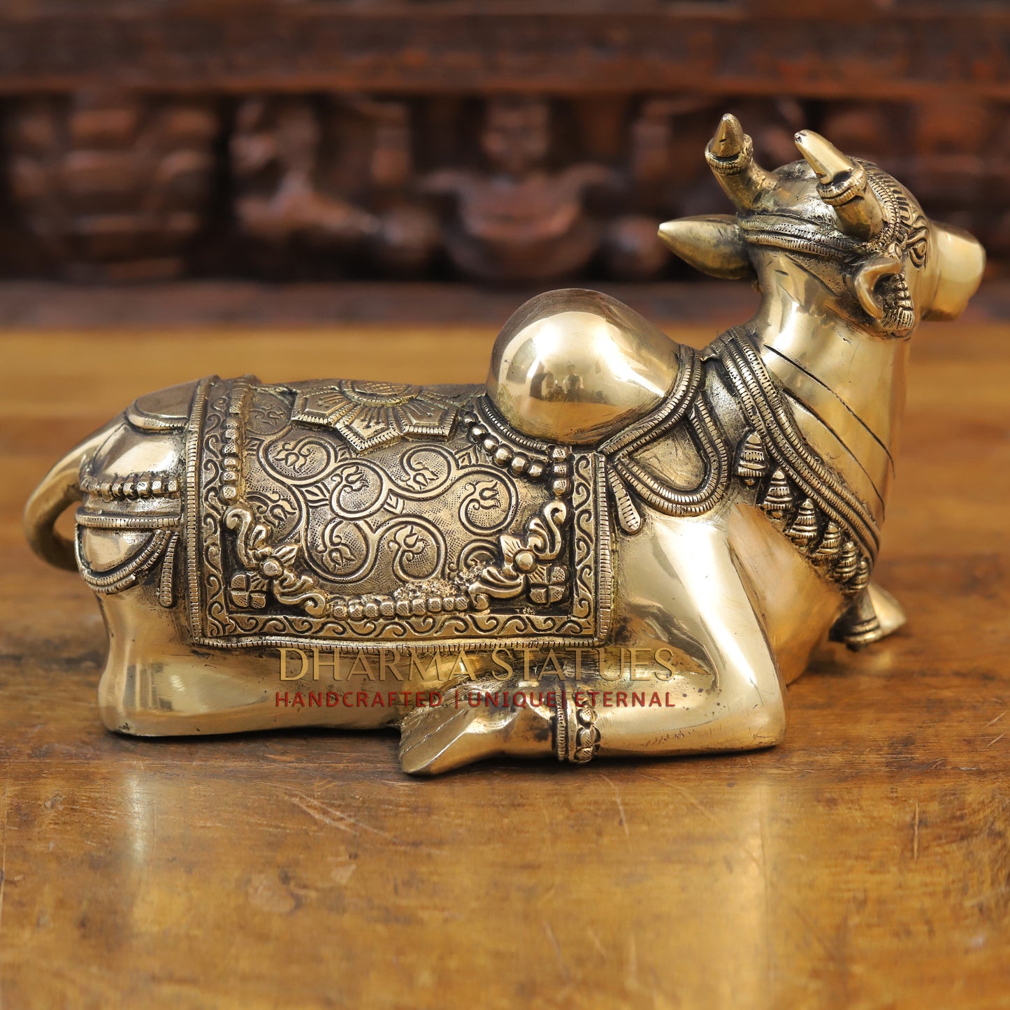 Brass Nandi Statue, Shiva's Timeless Companion, Fine Golden Finish, 7"