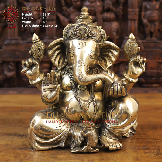 Brass Ganesh seated with tilted neck, Golden Finish, 13.5"