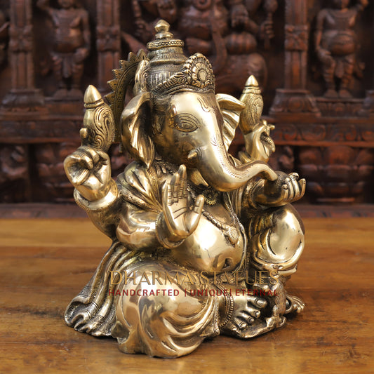 Brass Ganesh seated with tilted neck, Golden Finish, 13.5"