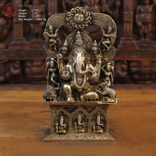 Brass Ganesh Statue Seated on Pedestal, Golden Finish, 14"