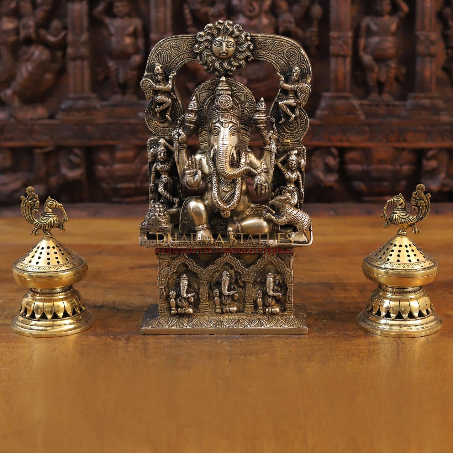 Brass Ganesh Statue Seated on Pedestal, Golden Finish, 14"