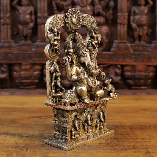 Brass Ganesh Statue Seated on Pedestal, Golden Finish, 14"