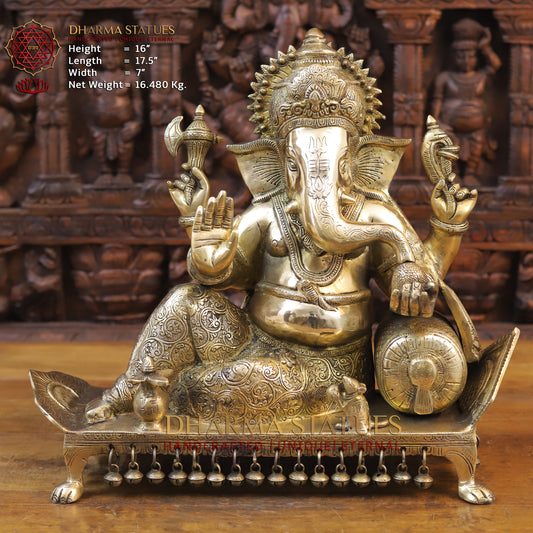 Brass Ganesh seated on Chowki, Golden Finish, 16"