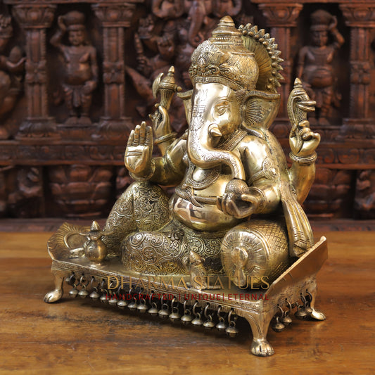 Brass Ganesh seated on Chowki, Golden Finish, 16"