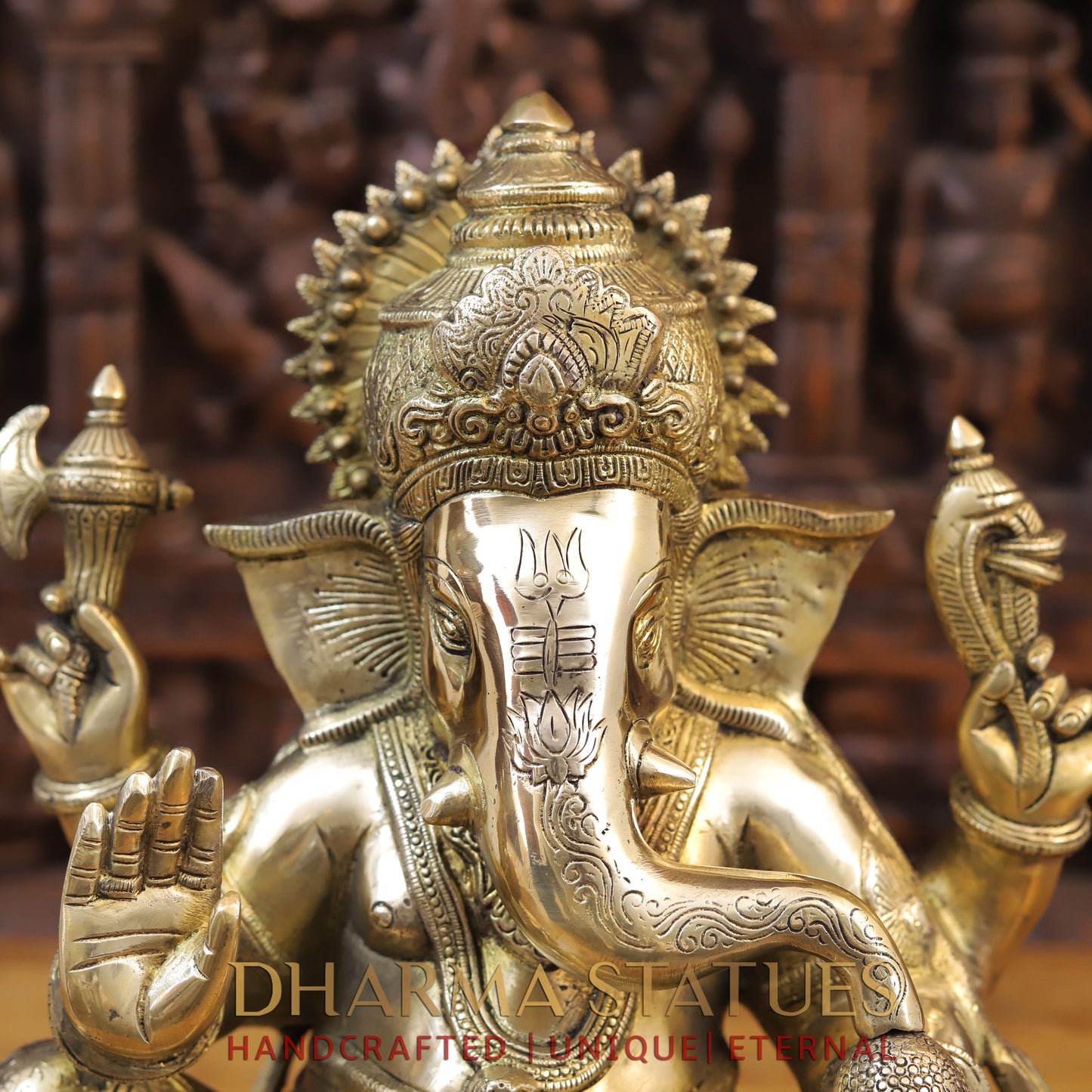 Brass Ganesh seated on Chowki, Golden Finish, 16"