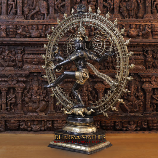 Brass Nataraja Statue with Frame, Black Patina & Golden Finish, 47"