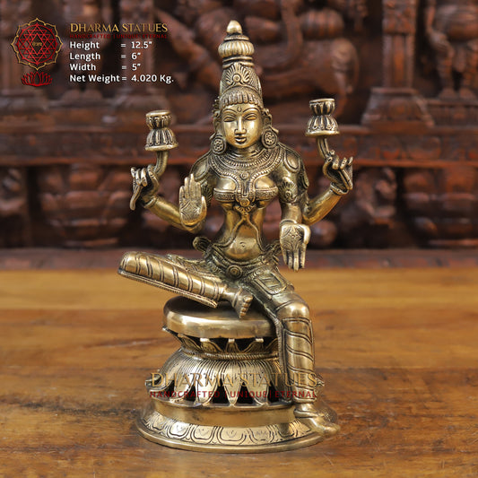 Brass Lakshmi Statue seated on Lotus, Golden Finish, 12.5"