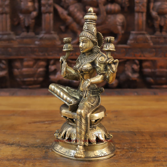 Brass Lakshmi Statue seated on Lotus, Golden Finish, 12.5"