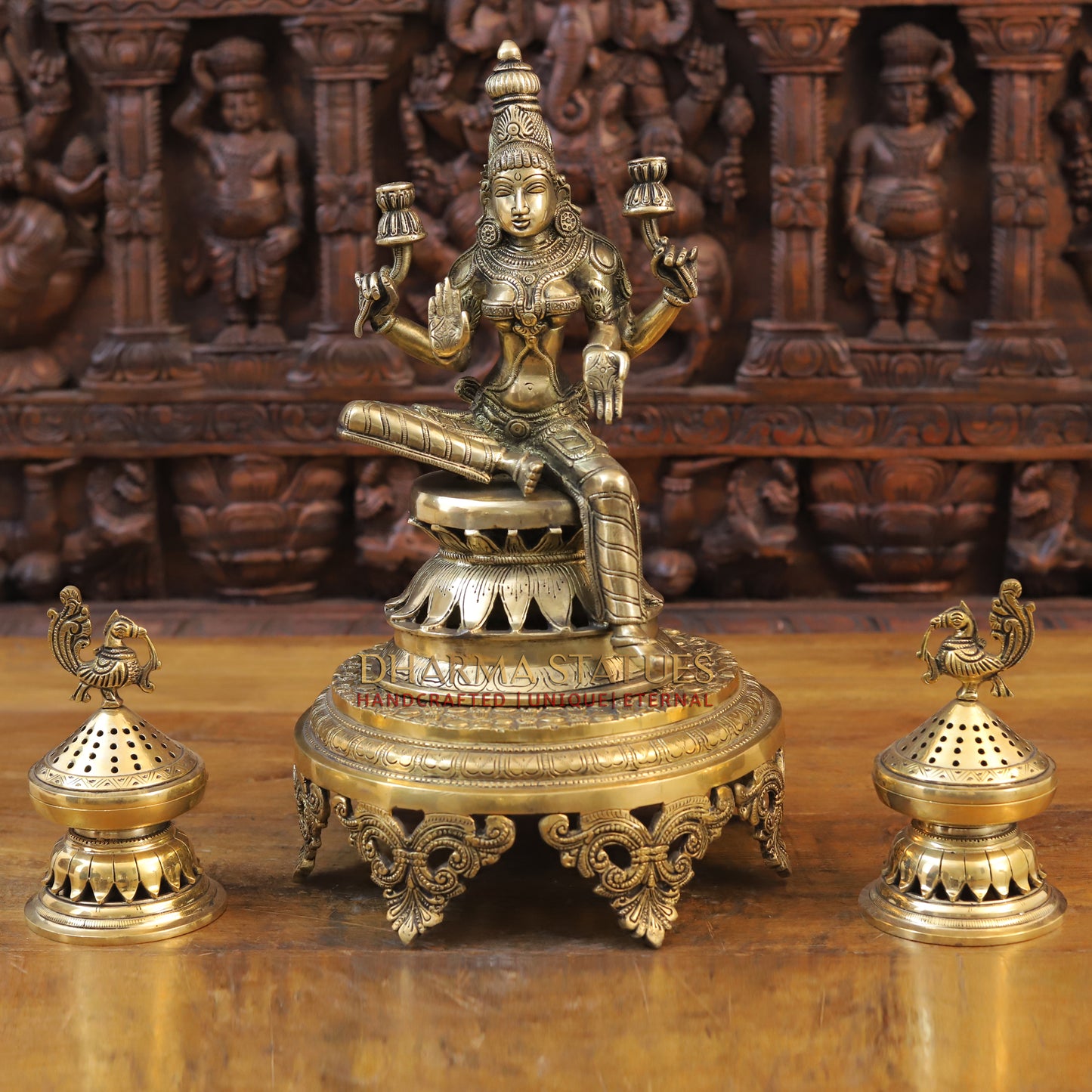 Brass Lakshmi Statue seated on Lotus, Golden Finish, 12.5"
