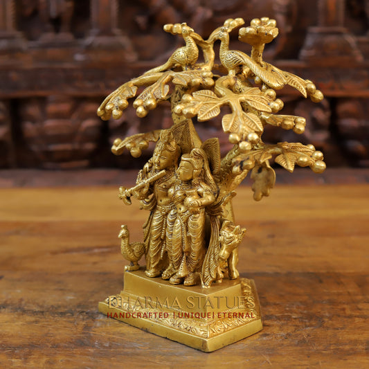 Brass Krishna Radha With Cow Under Tree, Golden Finish, 10"