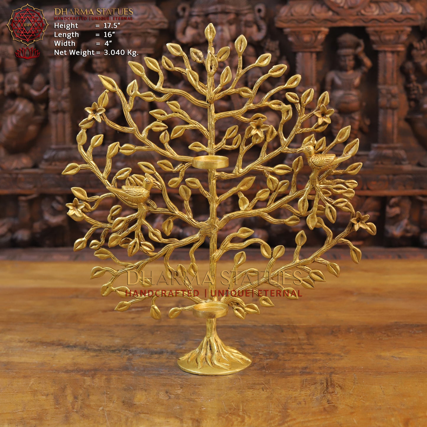Brass Tree with Candle Holder, Golden Finish, 17.5"