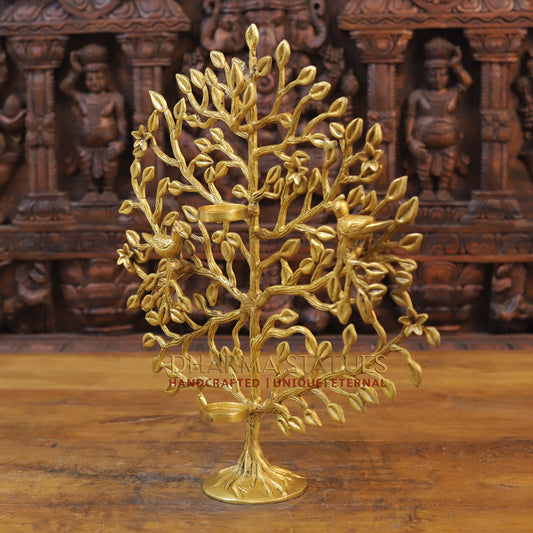 Brass Tree with Candle Holder, Golden Finish, 17.5"