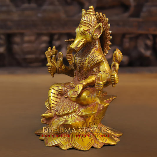 Brass Varahi Devi seated on Lotus, Fine Golden Finish, 9"