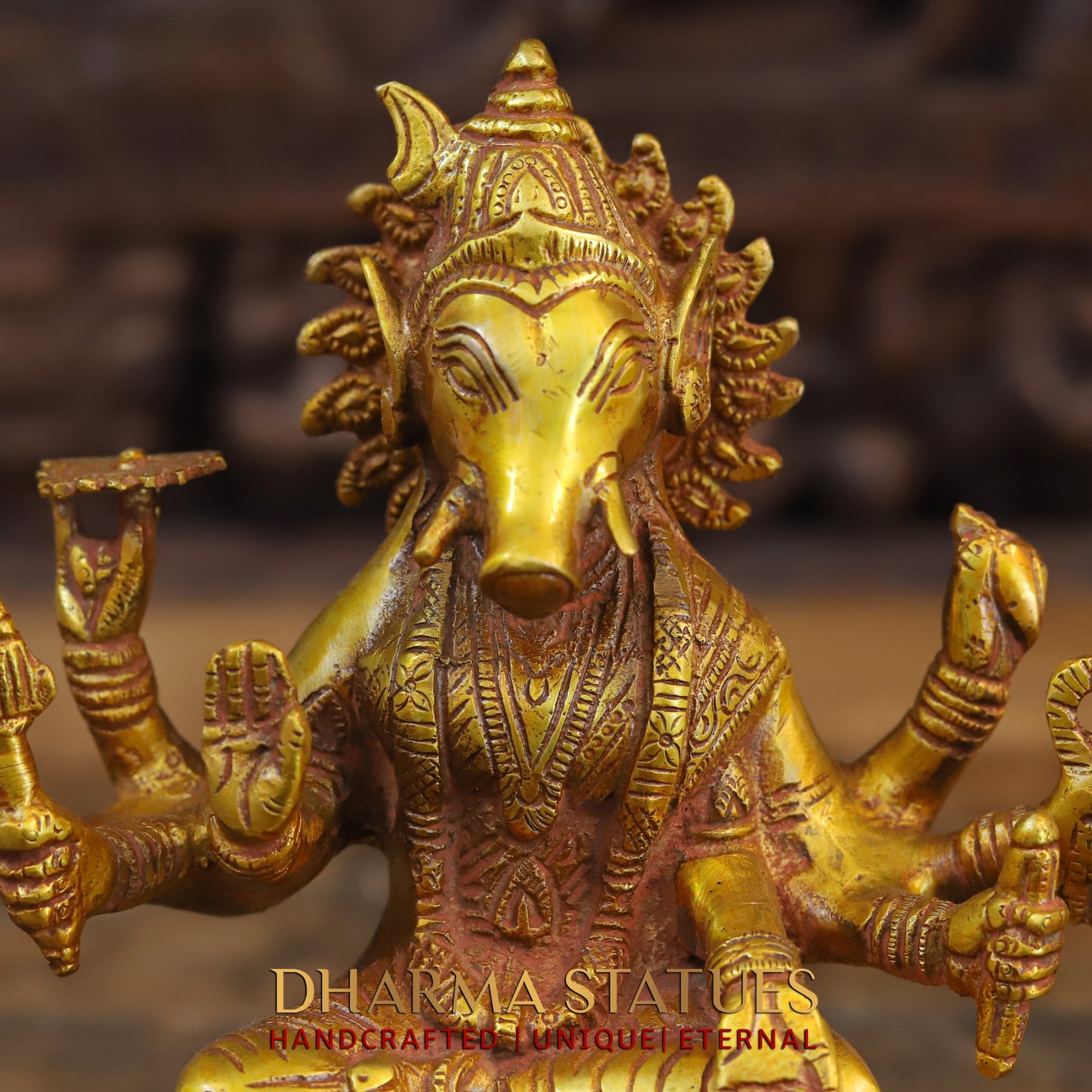 Brass Varahi Devi seated on Lotus, Fine Golden Finish, 9"
