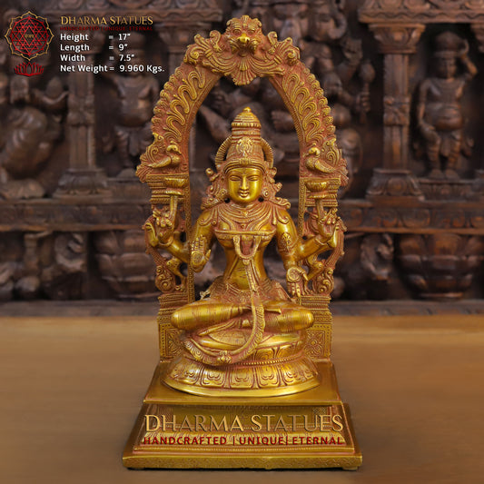 Brass Laxshmi seated on Pedestal with Frame, Fine Golden Finish, 17"