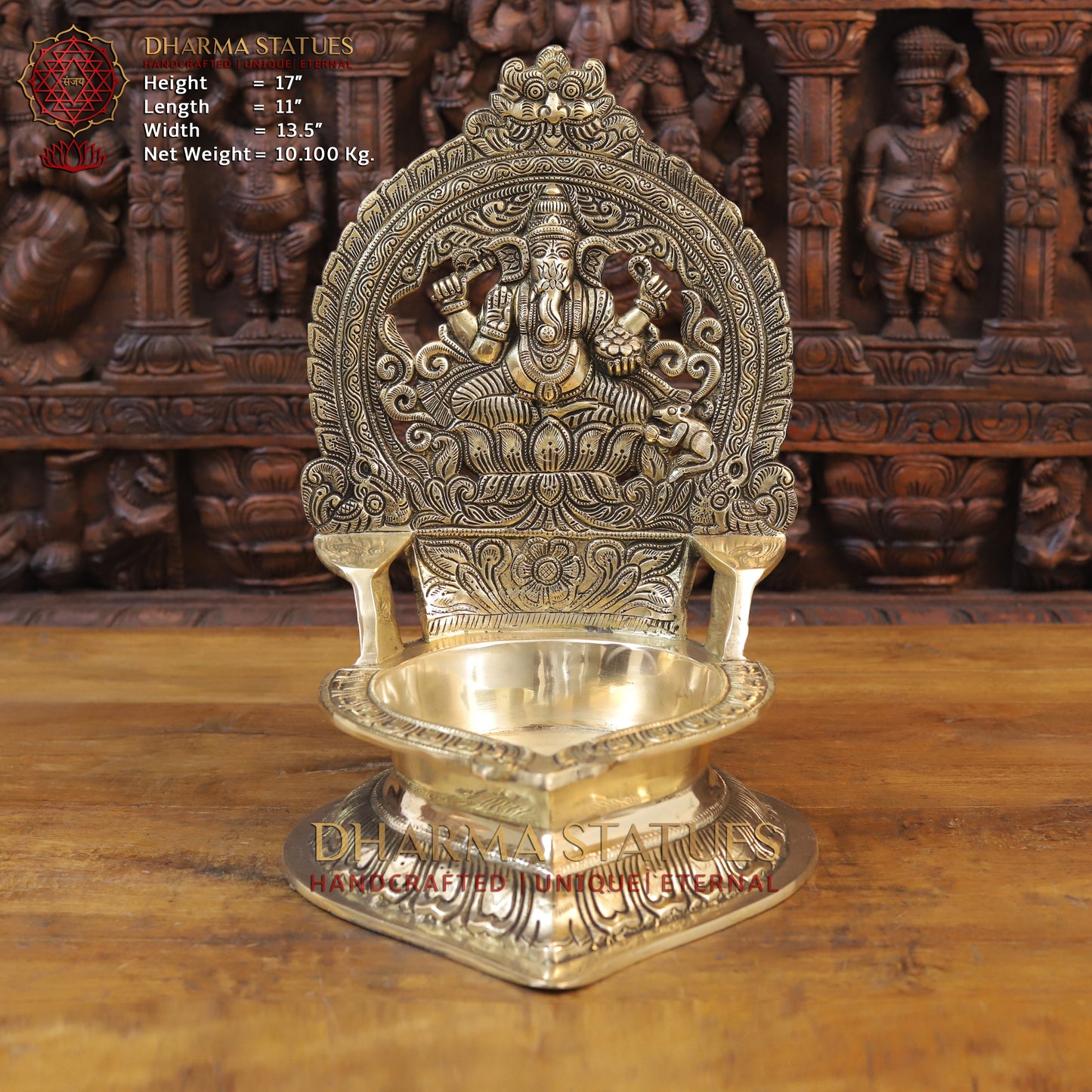 Brass Ganesh Oil Lamp, Golden Finish, 17"