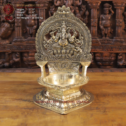 Brass Ganesh Oil Lamp, Golden Finish, 17"