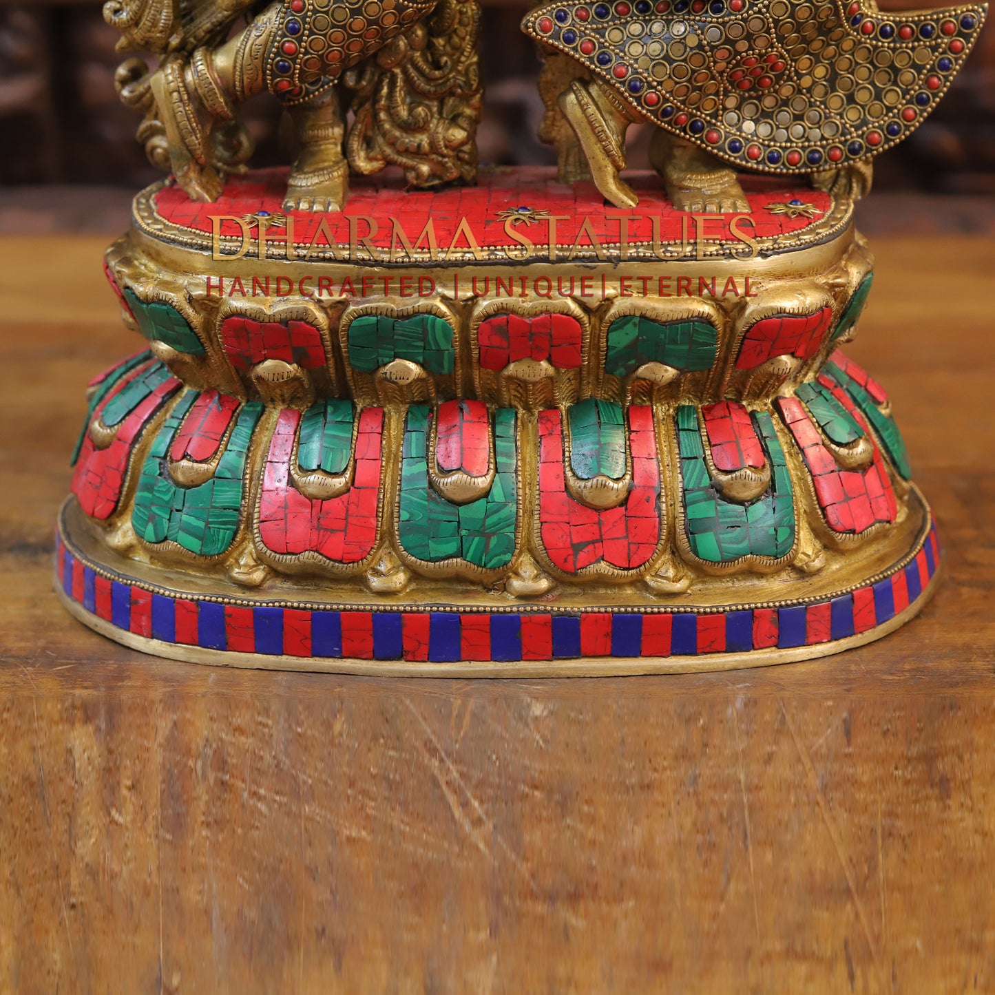 Brass Radha Krishna Statue on Single base, Golden finish & Stonework, 21