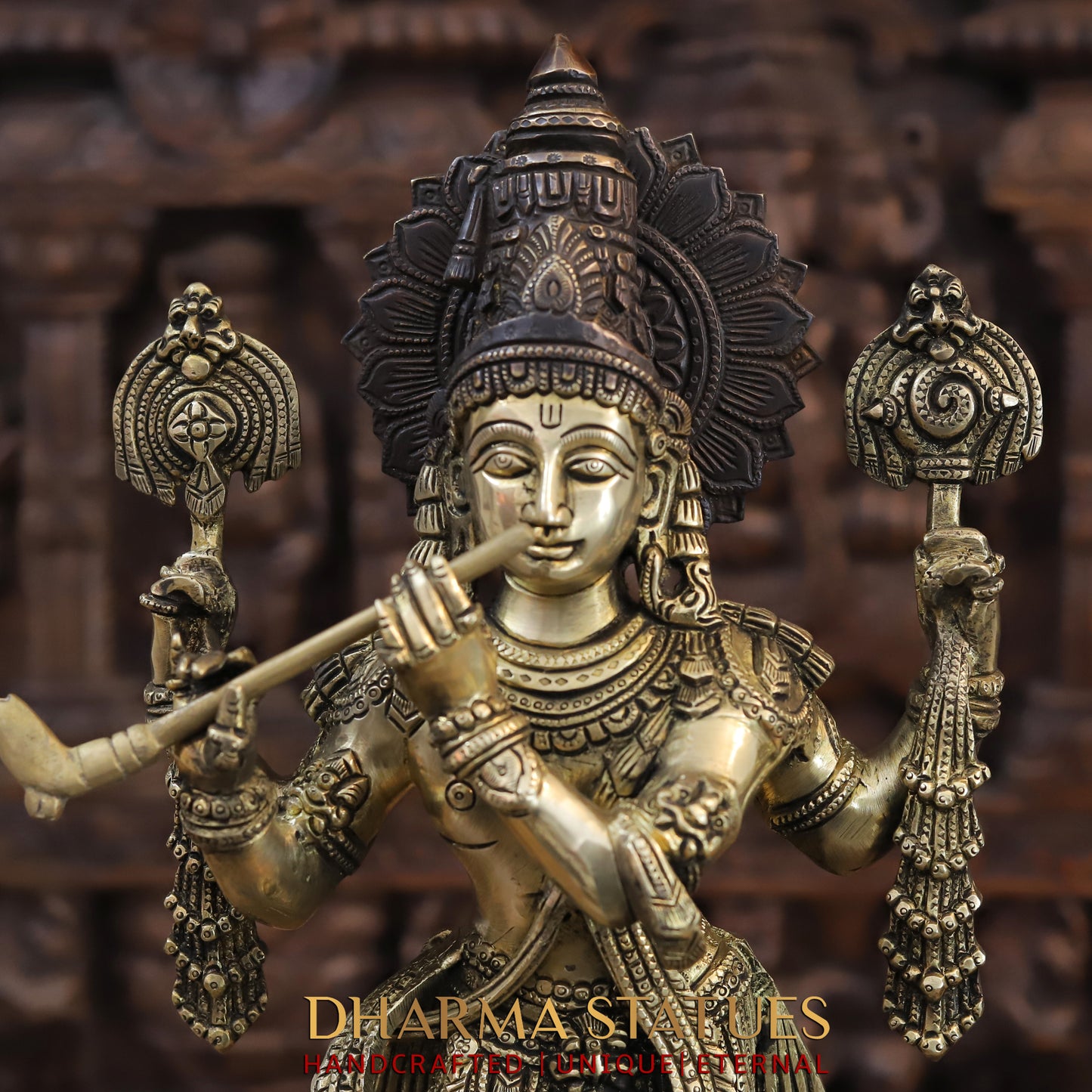 Brass Krishna standing on Pedestal, Copper & Gold Finish, 19"