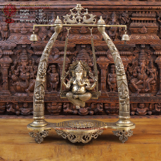 Brass Ganesh on a Swing, Golden Finish, 35"