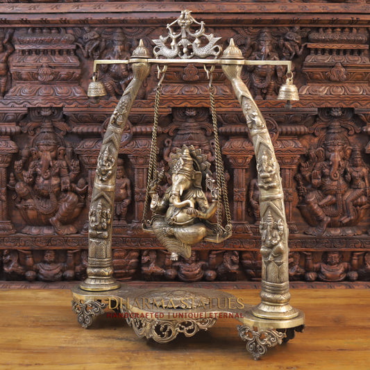 Brass Ganesh on a Swing, Golden Finish, 35"
