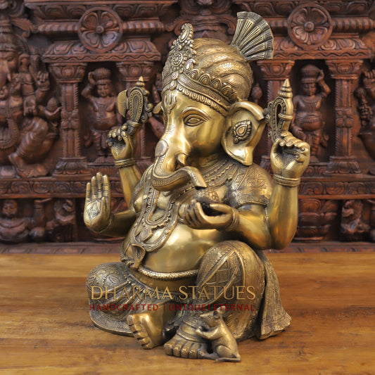 Brass Ganesh seated, Blessing Posture, Golden Finish, 21"