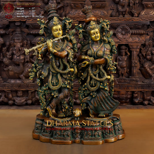 Brass Radha Krishna Statue on Single base, Copper & Golden Finish, 27”