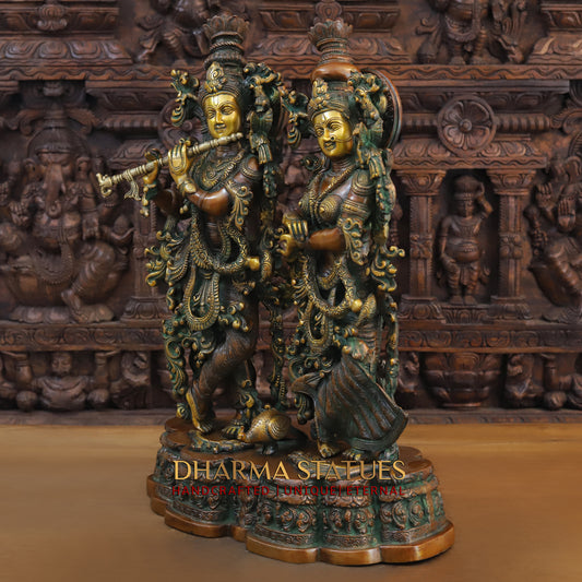 Brass Radha Krishna Statue on Single base, Copper & Golden Finish, 27”
